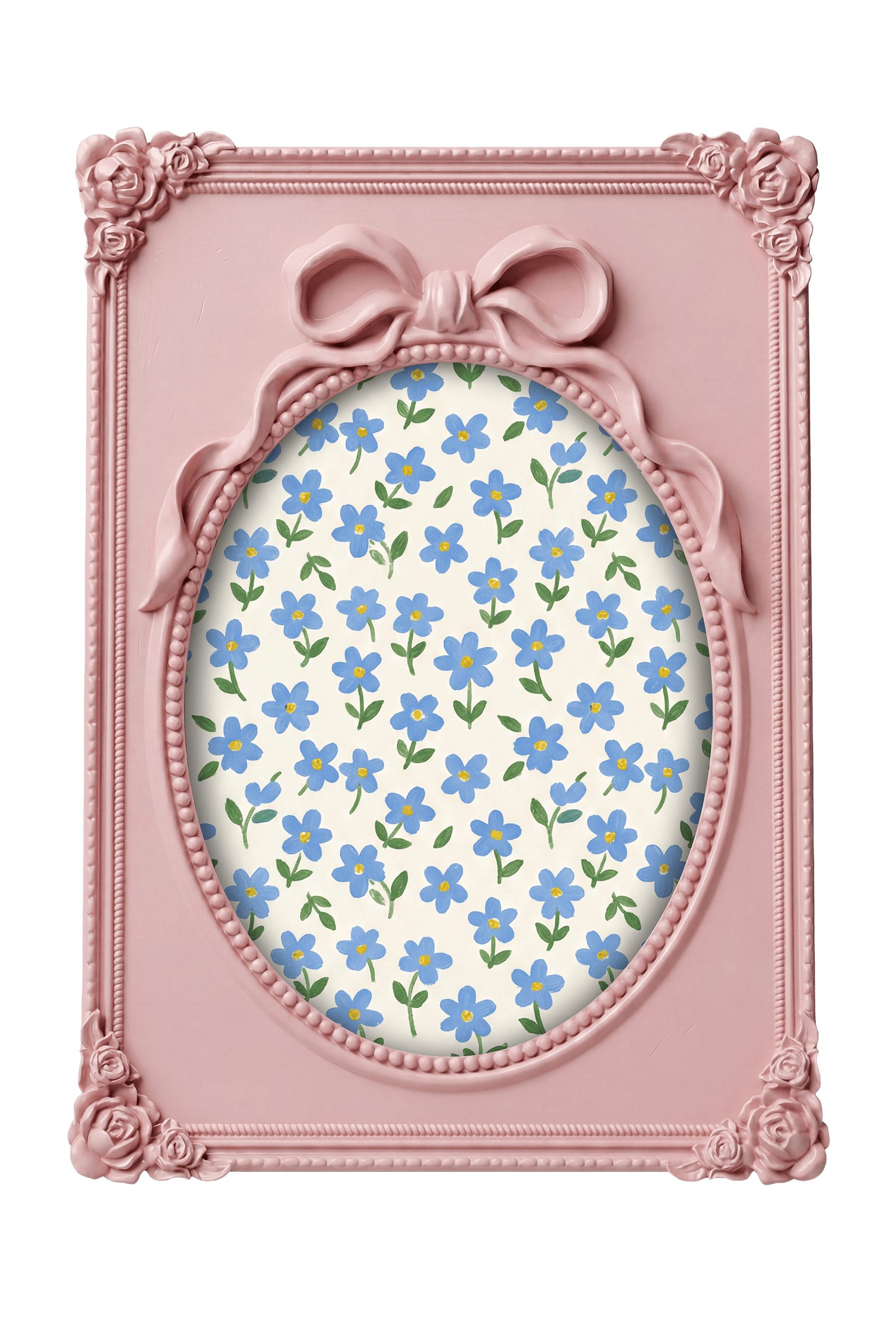 A pink ornate picture frame with a hand-painted blue floral oval